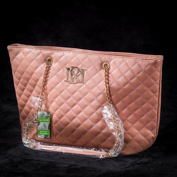 NWT Badgley Mischka | Blush & Goldtone Diamond-Quilted Logo Tote - Picture 2 of 3